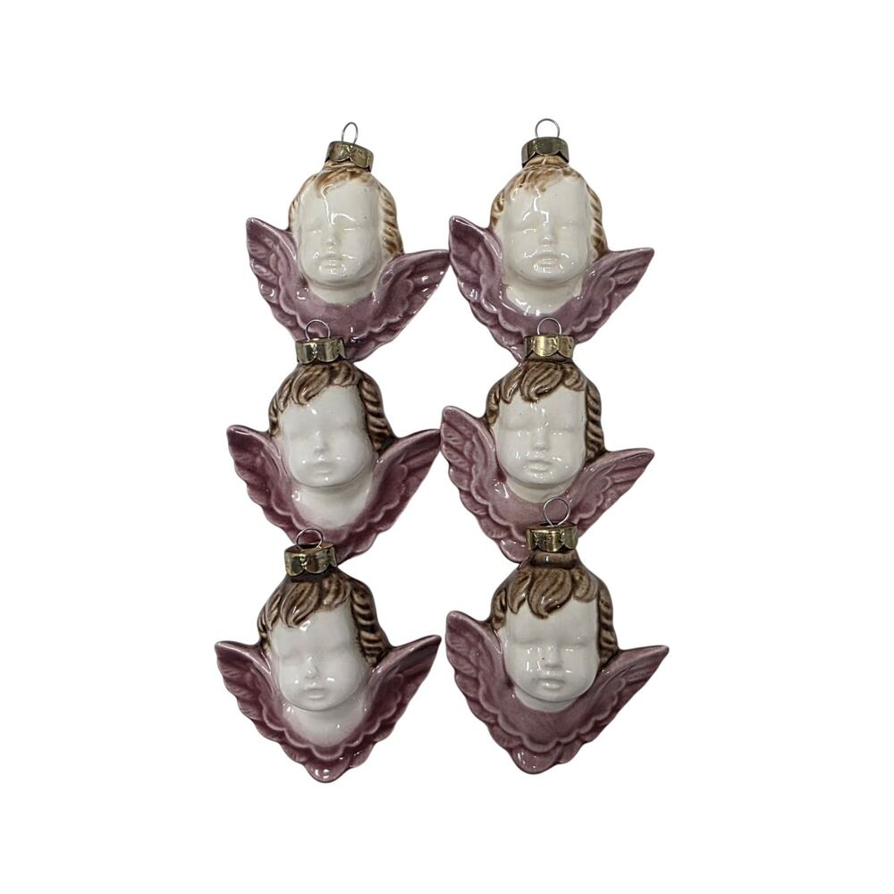 Vintage Ceramic Angel Head Christmas Ornaments Set of 6 Purple Wings Mid Century
